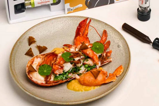 Lobster, Corn Cream, Chorizo, Peas | Black Garlic Food Crayon
